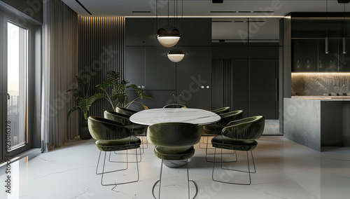 modern interior design  kitchen with dining table and chairs  dark gray walls  round stone countertop bar in the center of room  green velvet armchairs around. Created with Ai