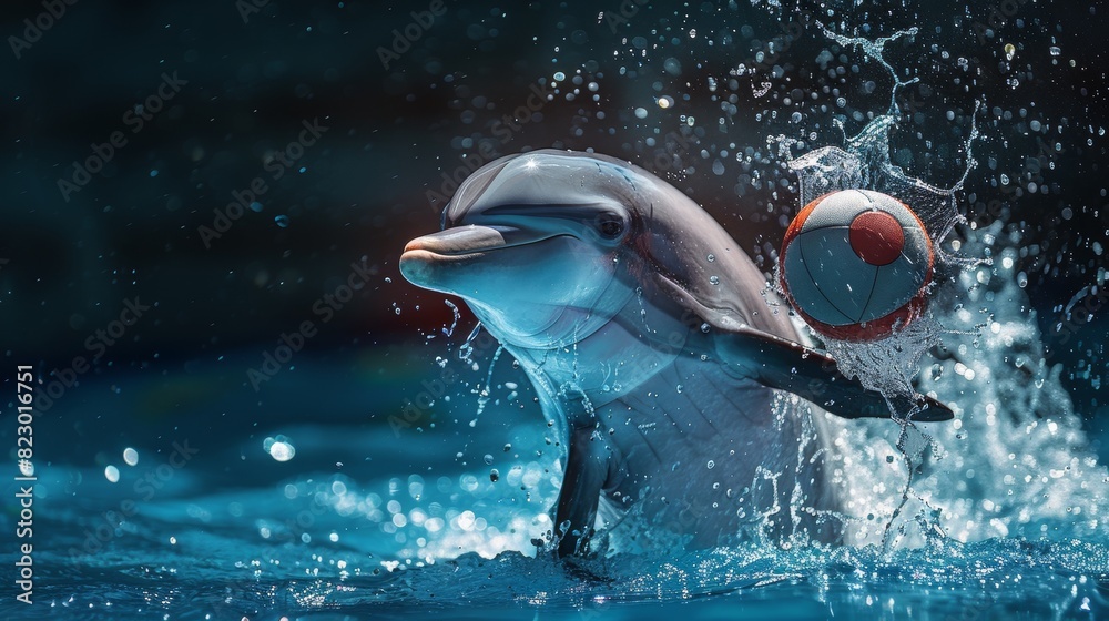 Fototapeta premium Amazing photo of a dolphin playing with a ball.