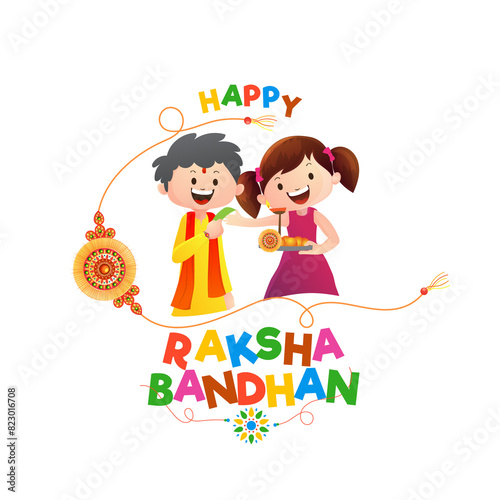 Cheerful Brother and Sister Celebrating Raksha Bandhan with Worship Plate, Can Be Used as Greeting Card.