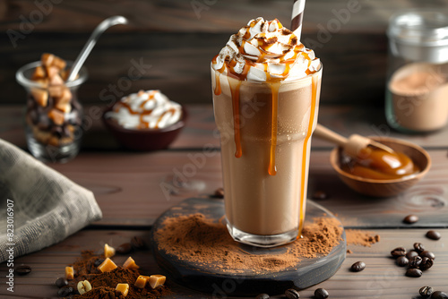 A glass a iced coffee frappé with whipped cream.