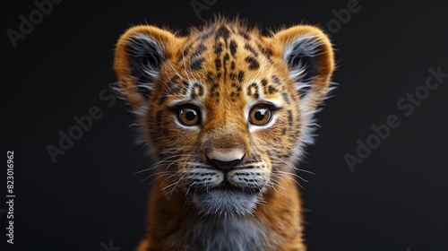 Adorable 3D lion cub sitting with a playful expression on a black background © Nattapong