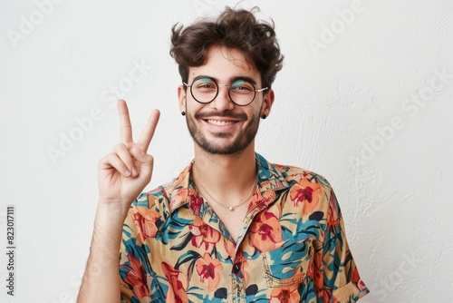 young man with curly hair and glasses making a peace sign and smiling  wearing a colorful floral shirt against a white background