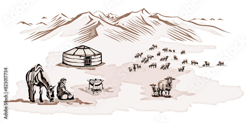 Sketch on the topic of life in Central Asia, nomads life, yurt in the mountains, flock of sheep, vector illustration	