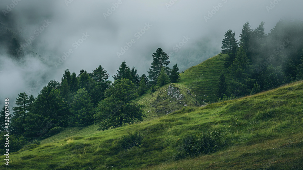 Green trees growing on grassy hill against foggy sky in cloudy forest Green trees growing on grassy hill against foggy sky in cloudy forest