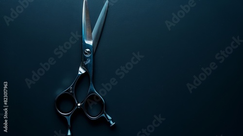 Hairdressing scissors with comfortable, ergonomic handles, top view, isolated background, studio lighting emphasizing the design features for advertising