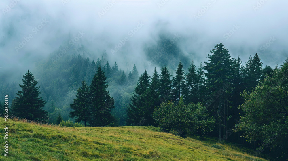 Green trees growing on grassy hill against foggy sky in cloudy forest Green trees growing on grassy hill against foggy sky in cloudy forest