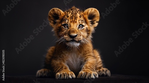 3D rendered lion cub sitting and tilting its head adorably on a dark backdrop © Nattapong