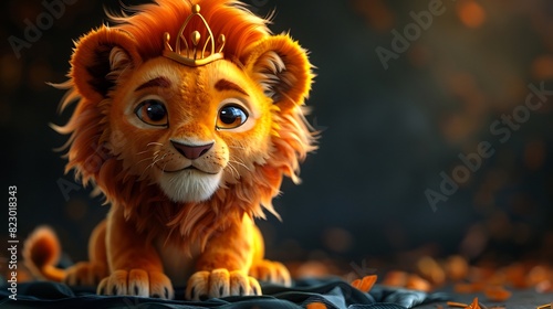 Cute 3D lion with a small crown on its head, sitting proudly on a black background