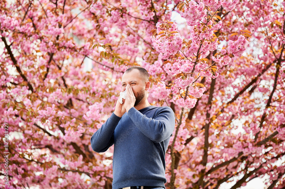 Man allergic suffering from seasonal allergy at spring in blossoming garden at springtime. Man sneezing and blowing nose using nasal handkerchief in front of blooming tree. Spring allergy concept. Man allergic suffering from seasonal allergy at spring in blossoming garden at springtime. Man sneezing and blowing nose using nasal handkerchief in front of blooming tree. Spring allergy concept.