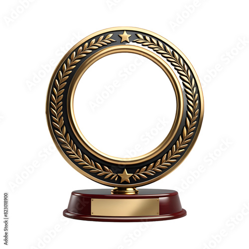 3D golden circle award plaque trophy isolated on transparent background
