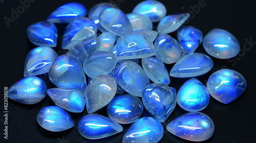 A pile of iridescent moonstone cabochons  their ethereal glow capturing the magic of the night sky.