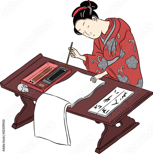 浮世絵　お稽古をする美女