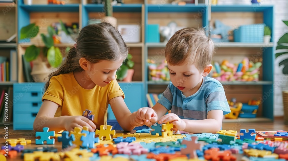 Children playing and learning, Two children playing with colorful puzzle pieces in a vibrant and organized playroom, fostering creativity and cognitive skills.