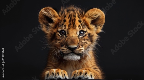 3D lion cub with an inquisitive look, sitting with paws together on a black backdrop © Nattapong