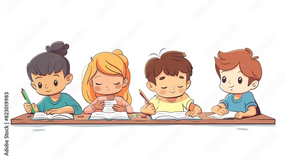 Children playing and learning, Cute illustration of children studying together, focusing on their books and writing at a wooden table with various pencils and papers. Children playing and learning, Cute illustration of children studying together, focusing on their books and writing at a wooden table with various pencils and papers.