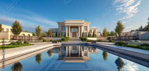 A luxury villa in a gated community, with a symmetrical design, pristine landscaping, and a reflecting pool, under the clear blue skies of a summer day. 32k, full ultra hd, high resolution