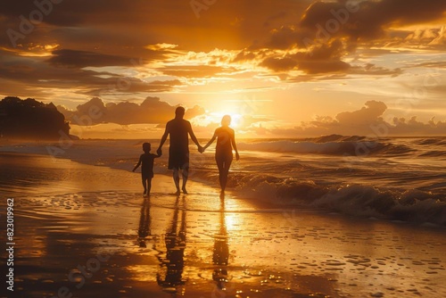 Panoramic photo, silhouette of family holding hands, walking along the beach at sunset, warm golden hues reflecting on calm waves, photorealistic detail, serene and tranquil mood © Pairat