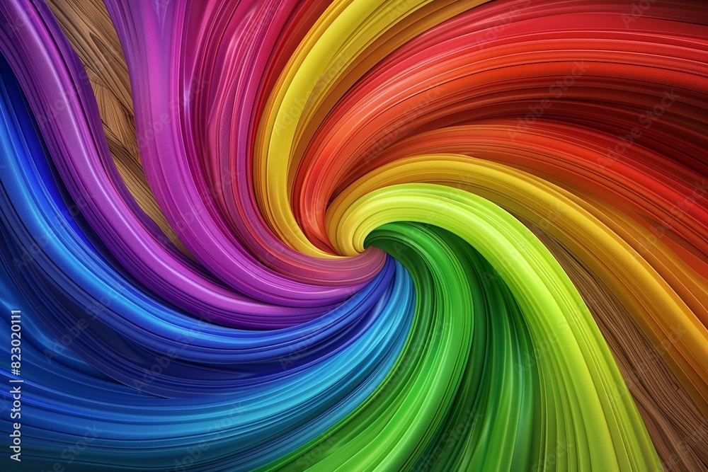 Obraz premium : Abstract swirls of rainbow hues intertwining on a natural wood texture background, resembling the fluidity and diversity of the LGBT community.