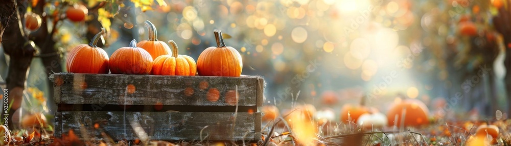 Autumn scene with pumpkins in a wooden crate surrounded by warm fall foliage and soft sunlight, perfect for seasonal and harvest themes. Autumn scene with pumpkins in a wooden crate surrounded by warm fall foliage and soft sunlight, perfect for seasonal and harvest themes.
