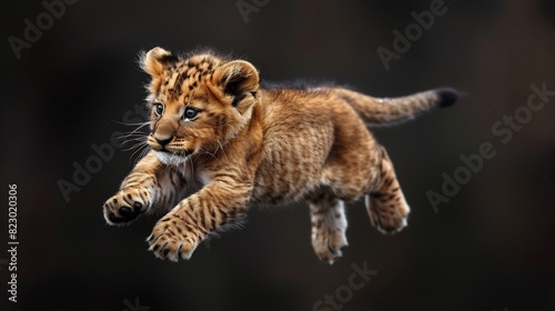 Happy 3D lion cub jumping in mid-air with a joyful expression, black background
