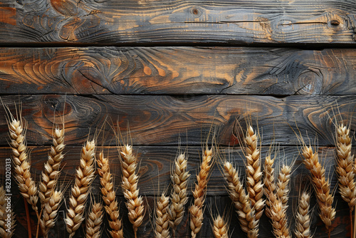 Rustic wooden table top with golden wheat field background. Created with Ai