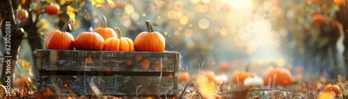 Autumn scene with pumpkins in a wooden crate surrounded by warm fall foliage and soft sunlight, perfect for seasonal and harvest themes.