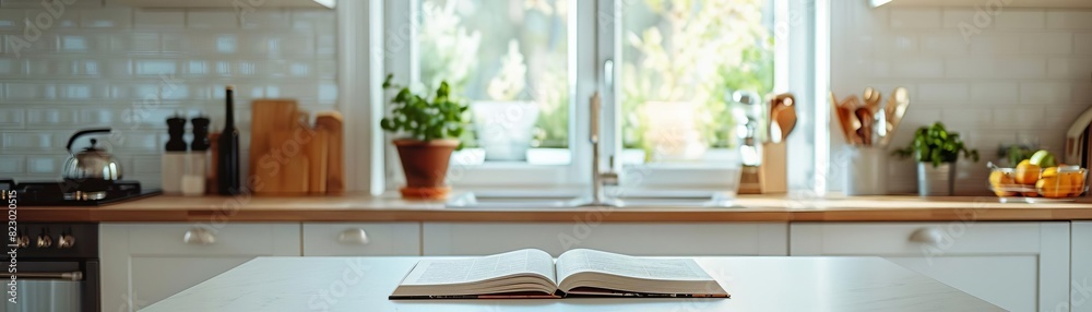 Bright modern kitchen with an open book on the countertop, potted plants on the windowsill, and sunlight streaming through the window. Bright modern kitchen with an open book on the countertop, potted plants on the windowsill, and sunlight streaming through the window.
