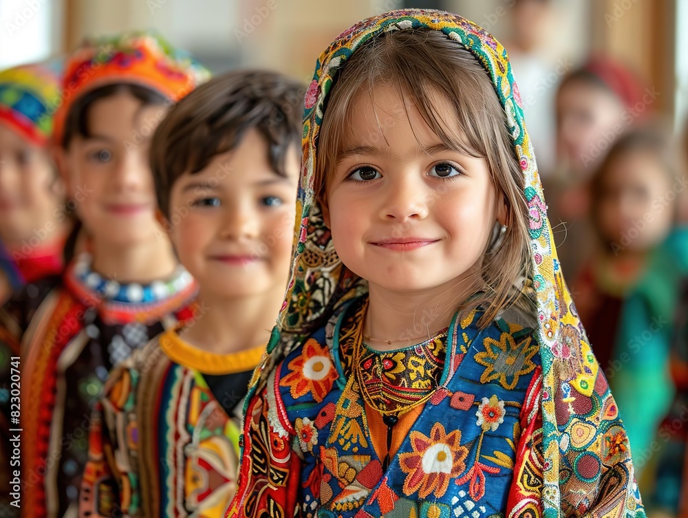 Fototapeta premium Children playing and learning, Group of children wearing colorful traditional clothes, smiling and standing in a line, showcasing cultural diversity and tradition.