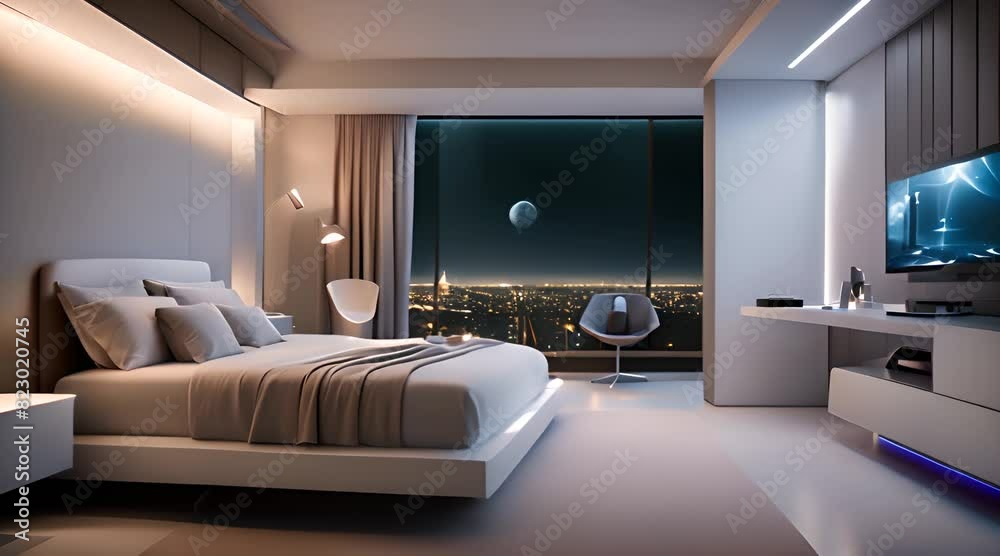 A futuristic bedroom with minimalist decor offers clean lines and simple forms. The walls are uniform and bright. The bed is surrounded by subtle ambient LED lighting