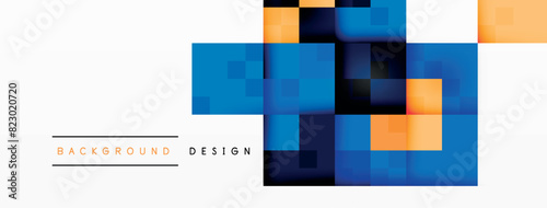 An artistic depiction of blue and orange squares on a white backdrop suggests a vibrant and modern design aesthetic