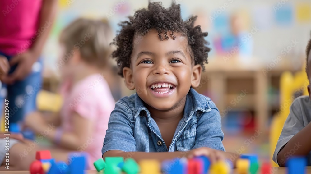 Children playing and learning, Happy child smiling in a colorful classroom while playing with building blocks, promoting early childhood education and development. Children playing and learning, Happy child smiling in a colorful classroom while playing with building blocks, promoting early childhood education and development.