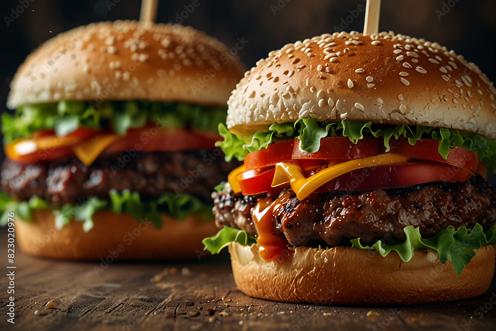 hamburger on a wooden table,Juicy delicious hamburger hamburger on a wooden table,Juicy delicious hamburger