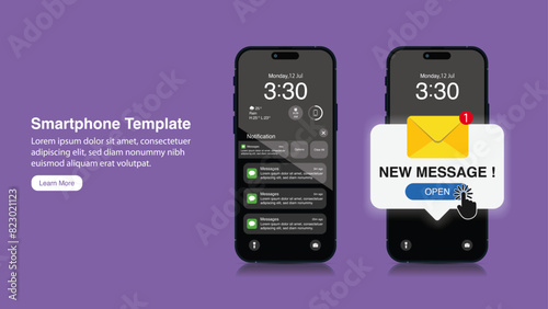 Realistic smartphone mockup with New messages notification concept. New message alert and pop-up. Incoming and open messages and emails. Vector. photo