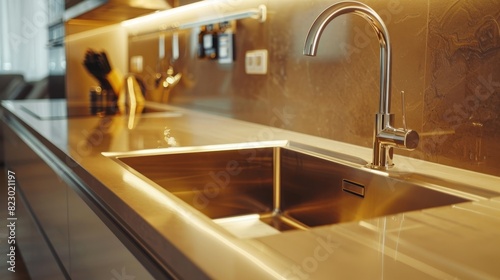 Luxurious kitchen with an undermount sink, close-up, seamless look with the countertop, emphasizing modern design and ease of cleaning, perfect for ads