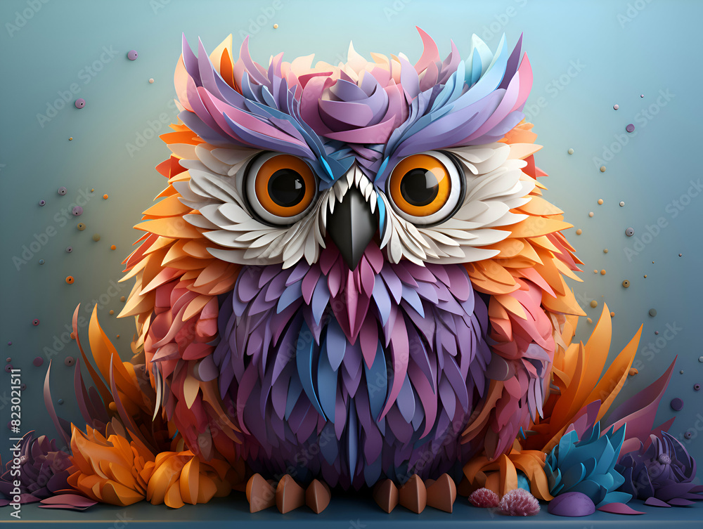 Fototapeta premium Cartoon owl with multi colored feathers on a blue background.