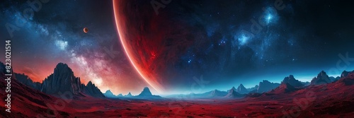 Abstract beautiful space background illustration combination of red and blue colors in a unique design. 3d Wallpaper of fantasy shiny stars, nebulas clouds and planets in galaxies astronomy photo