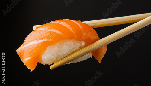 Salmon Jhow sushi on chopsticks