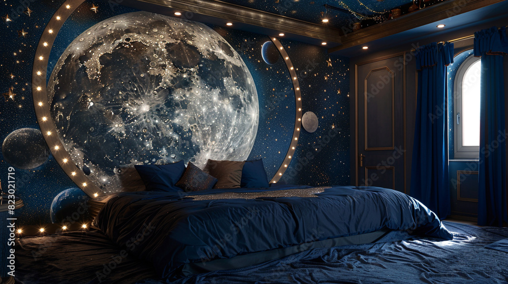A celestial-themed guest room with a large moon mural on one wall, twinkling star lights around the ceiling, and deep blue bed linens. A celestial-themed guest room with a large moon mural on one wall, twinkling star lights around the ceiling, and deep blue bed linens.