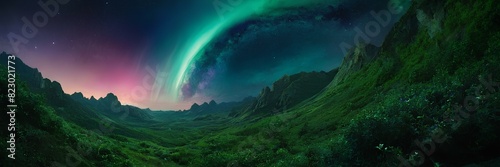 A beautiful view of aurora in northern sky night over the hills. Green and blue northern lights background wallpaper