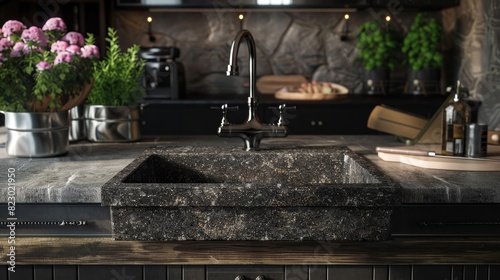 Isolated composite granite sink in a vintage kitchen design, close-up, studio lighting capturing its scratch and stain resistance, perfect for advertising