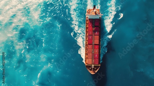 Aerial side view of cargo ship carrying containers from custom depot. Concept of freight shipping by ship service  © Saman