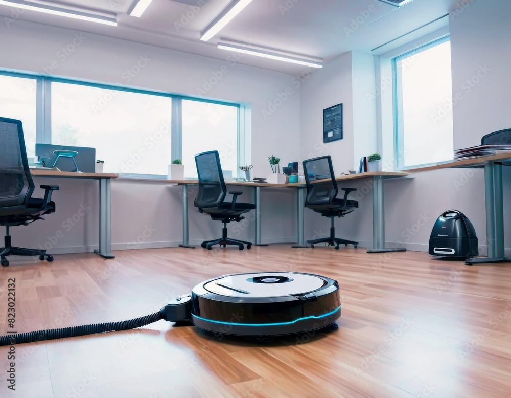 An automated vacuum cleaner tidies a sleek, modern office space, reflecting advances in smart cleaning technology.. AI Generation An automated vacuum cleaner tidies a sleek, modern office space, reflecting advances in smart cleaning technology.. AI Generation