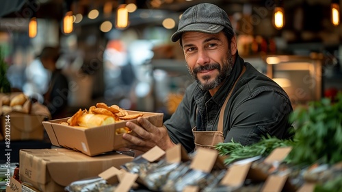 Delivery rider picking up an order from a restaurant counter, ready to go