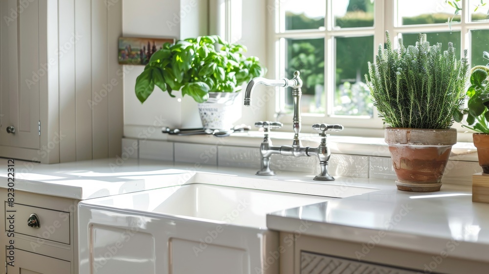Fototapeta premium High-end kitchen with a traditional farmhouse sink, close-up shot of the exposed front panel and deep basin, perfect blend of style and utility