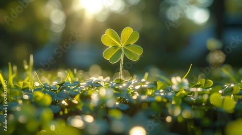 A fourleaf clover bathed in sunlight, gentle breeze symbolizing serendipity, with clear foreground photo