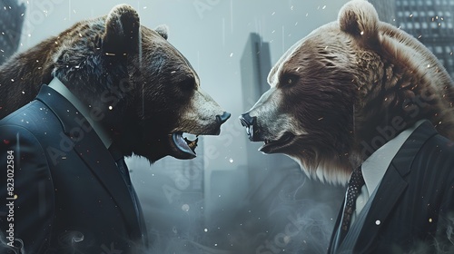 close-up portrait of two big brown bears fighting with mouthes open with teeth and paws with claws
 photo