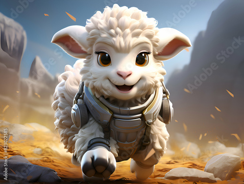 Sheep astronaut in the desert   3D illustration. Fantasy landscape photo