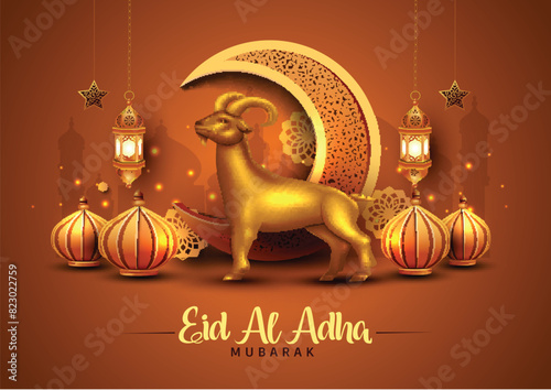beautiful Eid al Adah art greetings with golden lantern, moon and dark Arabian culture background. abstract vector illustration design.