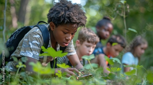 Children playing and learning, Children exploring nature in a lush forest, observing plants and enjoying an outdoor adventure in a group activity.
