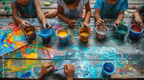 Children playing and learning, Kids participating in a painting workshop, creating colorful masterpieces, a burst of creativity